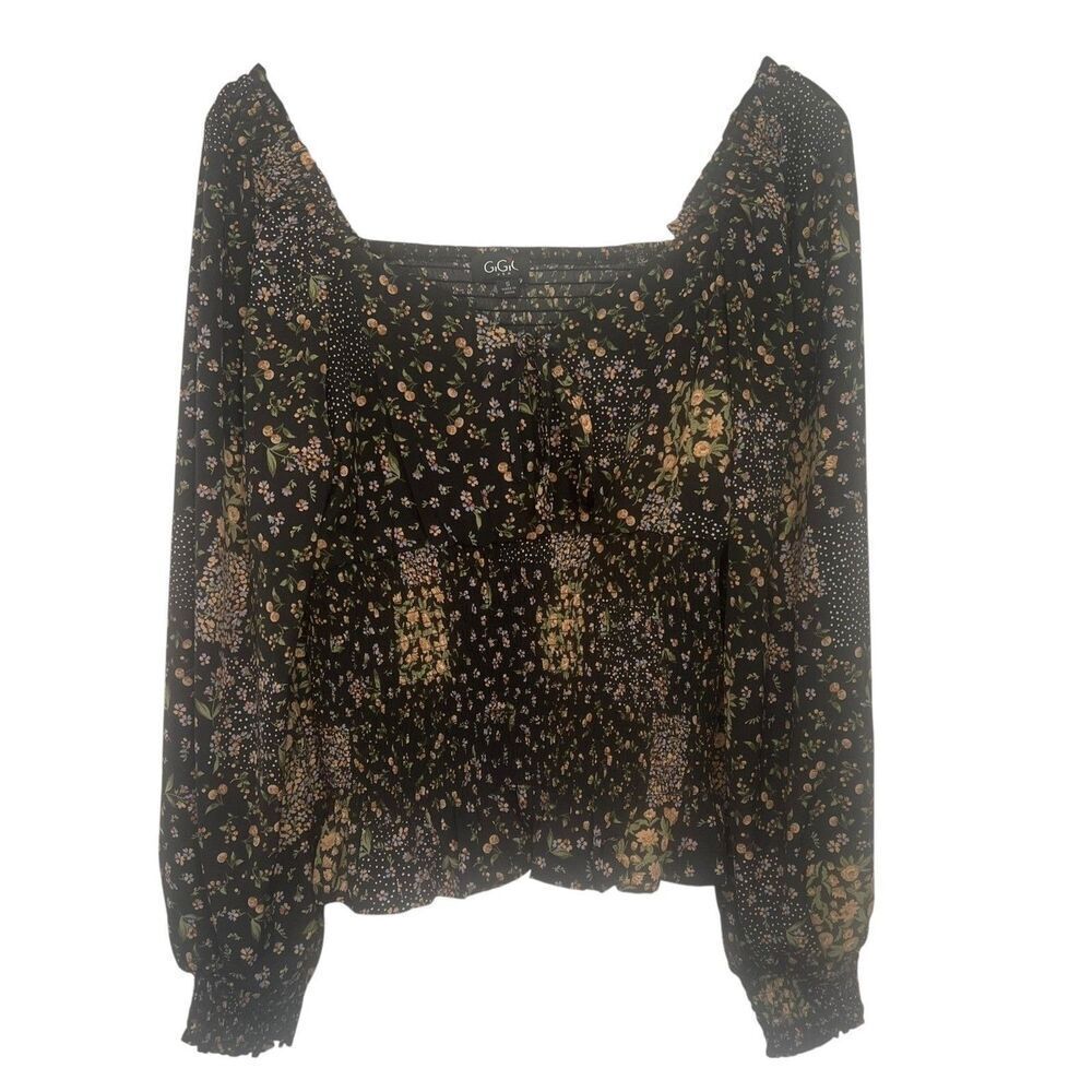 GiGio Square Neck Smocked Top size Small Black Long Sleeve Boho Peasant